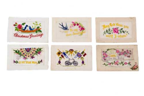 World War I silk embroidered postcards, mostly French