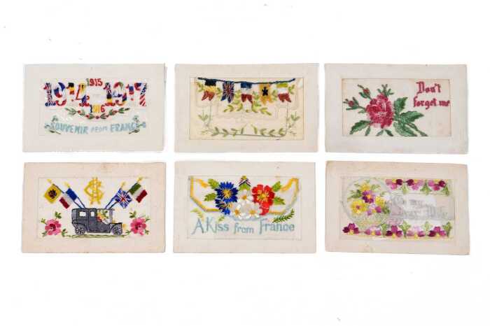 World War I silk embroidered postcards, mostly French