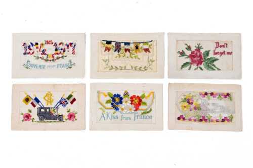 World War I silk embroidered postcards, mostly French