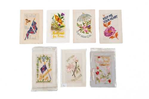 Six World War I silk embroidered postcards, mostly French