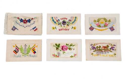 Six World War I silk embroidered postcards, mostly French