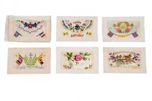 Six World War I silk embroidered postcards, mostly French