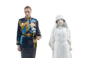Pair of Royal Doulton porcelain figures of Prince Albert Duke of York and Elizabeth Bowes-Lyon - 2