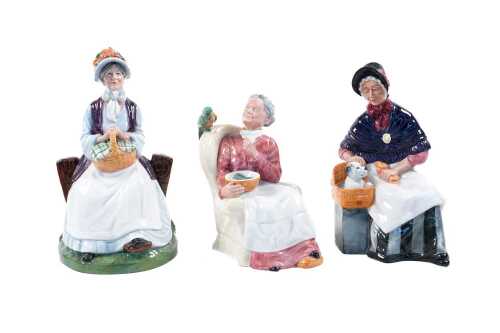Three Royal Doulton grandmother porcelain figures including New Companions, Pretty Polly and Rest Awhile