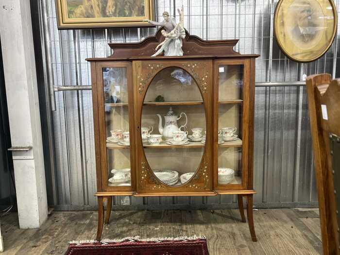 Antique Sheraton Revival mahogany breakfront display cabinet