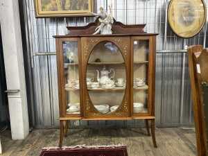 Antique Sheraton Revival mahogany breakfront display cabinet