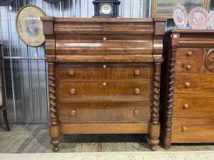 Victorian Scottish flame mahogany breakfront chest of five drawers