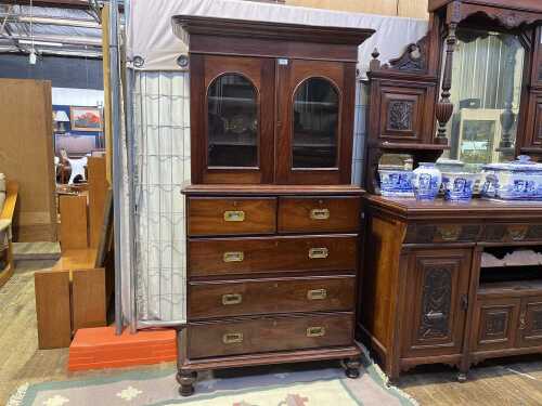 Antique Indian colonial mahogany campaign bookcase on chest