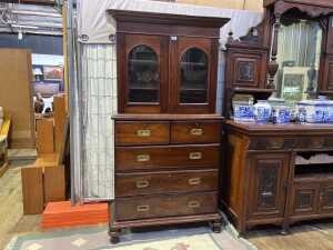 Antique Indian colonial mahogany campaign bookcase on chest