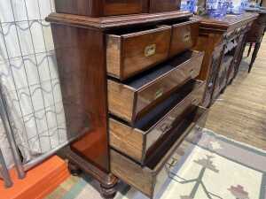 Antique Indian colonial mahogany campaign bookcase on chest - 5