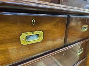Antique Indian colonial mahogany campaign bookcase on chest - 6