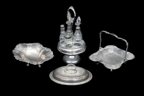 Antique silver plated cruet set, together with three other silver plated pieces