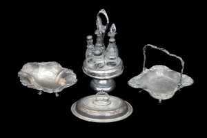 Antique silver plated cruet set, together with three other silver plated pieces