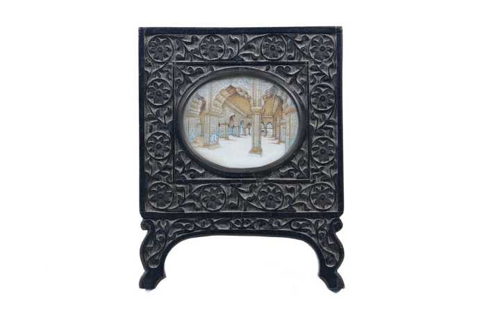 Antique Mughal miniature porcelain painting in carved ebony frame