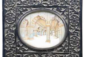 Antique Mughal miniature porcelain painting in carved ebony frame - 2