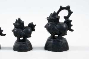 Antique Burmese set of seven bronze opium weights surmounted by dragon figures - 3