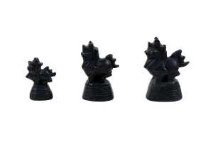 Antique Burmese set of seven bronze opium weights surmounted by dragon figures - 4