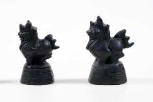 Antique Burmese set of seven bronze opium weights surmounted by dragon figures - 5
