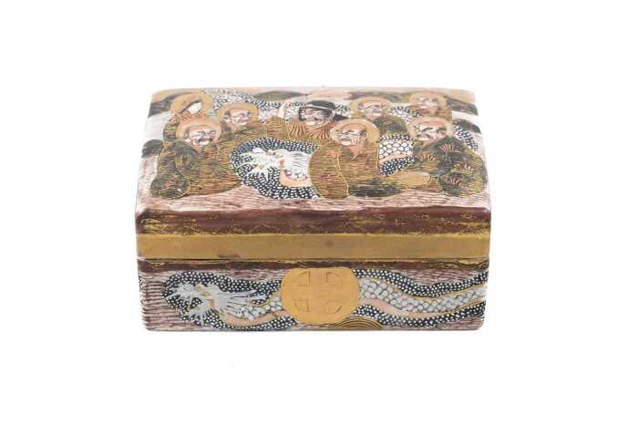 Antique Japanese Meiji period "Immortals" Satsuma ceramic lidded box