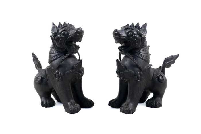 A pair of cast bronze Thai Singha guardian lions