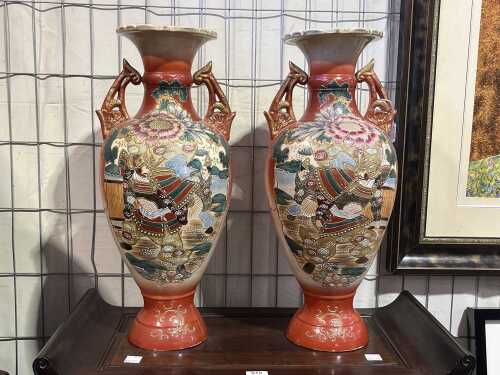 Pair of Japanese Satsuma ceramic twin handled vases