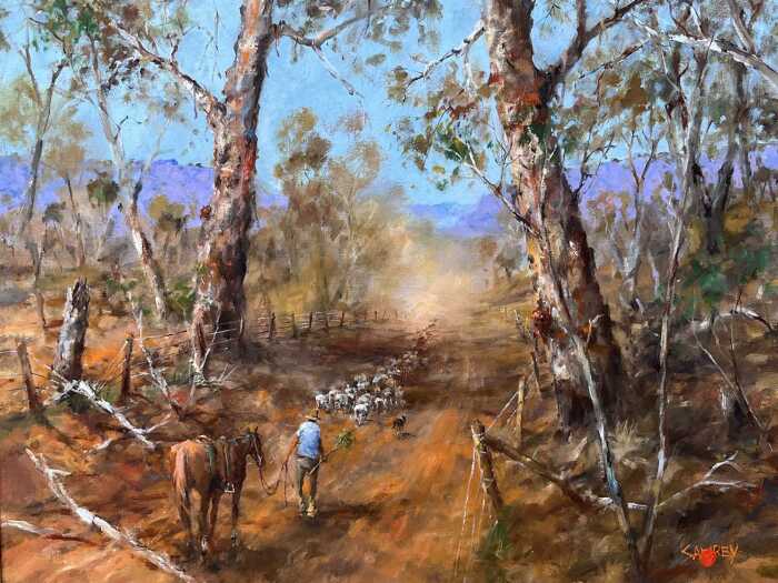 Hugh Sawrey (1919-99), Sheep on the Wattle Creek Road, N.E. Victoria. Oil painting on canvas