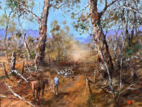 Hugh Sawrey (1919-99), Sheep on the Wattle Creek Road, N.E. Victoria. Oil painting on canvas