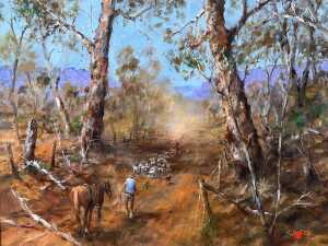 Hugh Sawrey (1919-99), Sheep on the Wattle Creek Road, N.E. Victoria. Oil painting on canvas