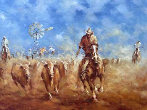 Steven Schneider, mustering cattle. Oil painting on canvas