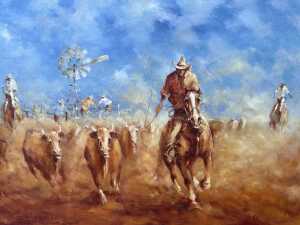 Steven Schneider, mustering cattle. Oil painting on canvas