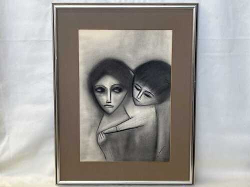 Robert (Bob) Dickerson (1924-2015), mother and child. Charcoal drawing on paper