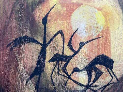 Richard Rowton, Cranes, 1968. Pastel on board with incised decoration