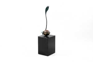 Zoe Ellenberg, Avocado Young. Stainless steel and patinated bronze sculpture on marble plinth
