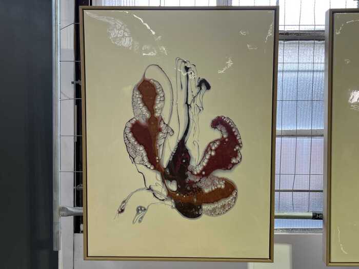 Claire Layman, untitled abstract in cream and bronze. Marbled resin painting on board