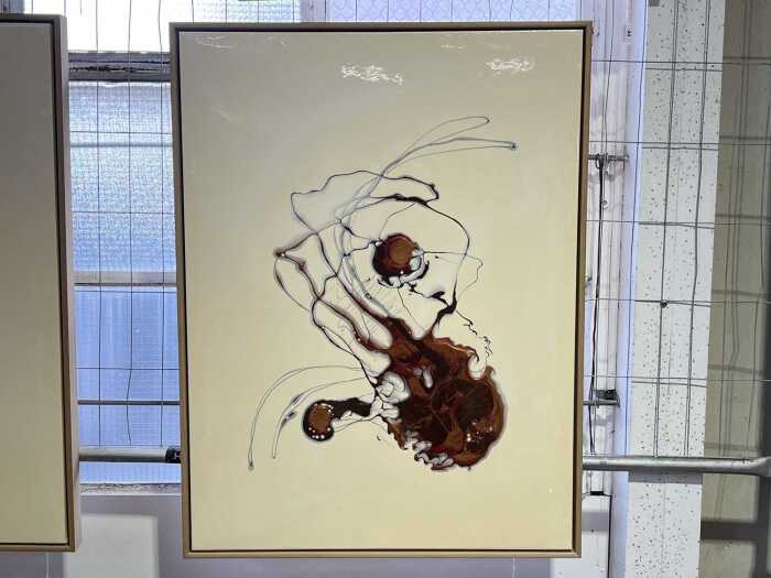 Claire Layman, untitled abstract in cream and bronze. Marbled resin painting on board