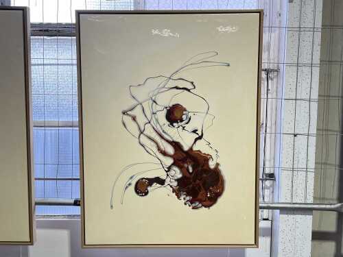 Claire Layman, untitled abstract in cream and bronze. Marbled resin painting on board