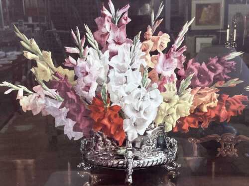 After Allan Thomas Bernaldo (1900-1988), still life with gladioli. Vintage print on paper