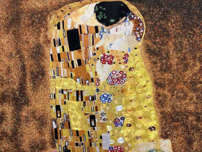 After Gustav Klimt, Der Kuss. Framed embroidery