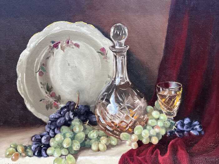 Thomas Baddiley (1921-2017), still life with grapes. Oil painting on canvas