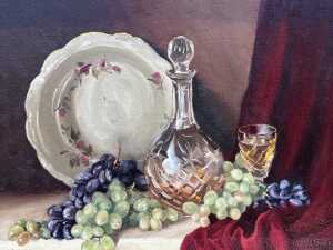 Thomas Baddiley (1921-2017), still life with grapes. Oil painting on canvas