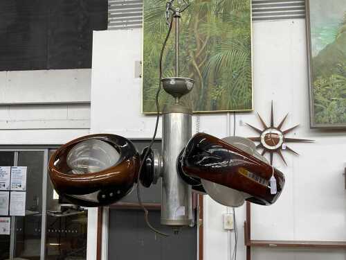 Mid-century three-arm pendant light with ceramic brown diffusers