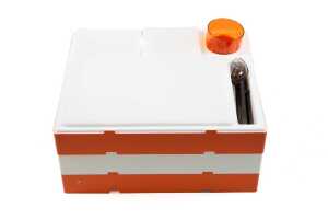 Mid-century 'Pac-A-Pic' Preci-Ware stacking picnic set in orange and cream, unused condition - 3