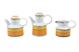 Three pieces of Midwinter Stonehenge 'Sun' pottery including teapot, hot water pot and jug