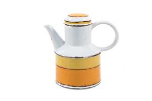 Three pieces of Midwinter Stonehenge 'Sun' pottery including teapot, hot water pot and jug - 2