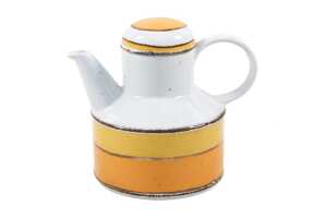 Three pieces of Midwinter Stonehenge 'Sun' pottery including teapot, hot water pot and jug - 3