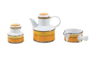 Three pieces of Midwinter Stonehenge 'Sun' pottery including teapot, canister and saucepot