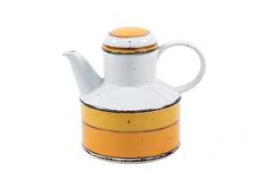Three pieces of Midwinter Stonehenge 'Sun' pottery including teapot, canister and saucepot - 2