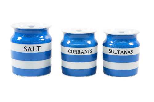 Three vintage T. G. Green Cornishware blue and white ceramic storage jars