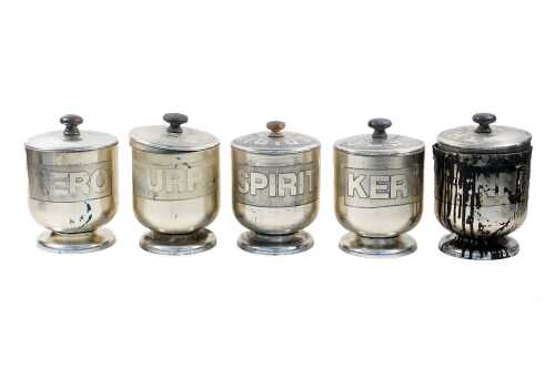 Five Don Shiel aluminium workshop canisters with raised text