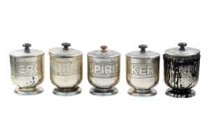 Five Don Shiel aluminium workshop canisters with raised text